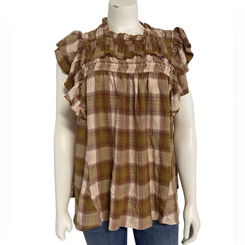 Free People Plaid Ruffle Top - Brown and Pink